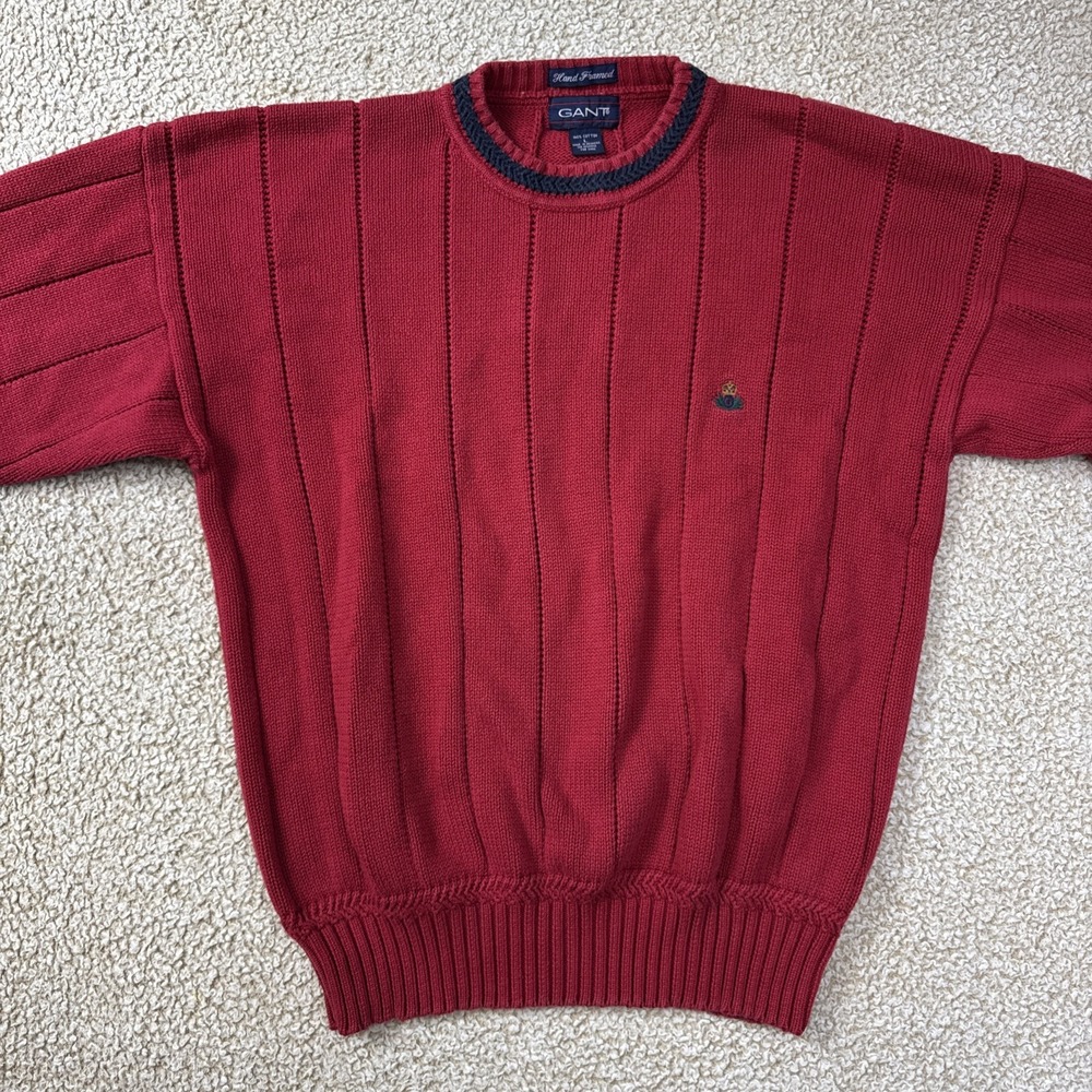 VINTAGE GANT Sweater Crewneck Ribbed Long Sleeve Pullover Men L Red Hand Framed